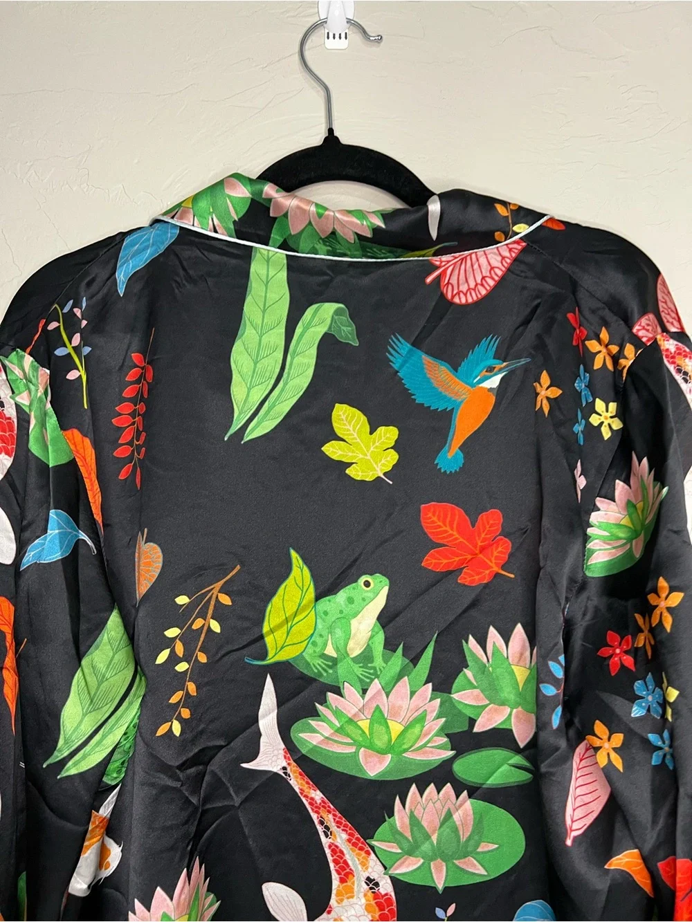 Karen Mabon 100% Silk Black Botanical Koi Fish Bird Luxury 2 Piece Pajama Set